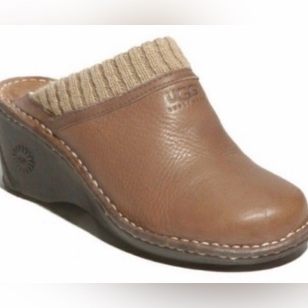 UGG Tan Leather Clogs with Knit Detail